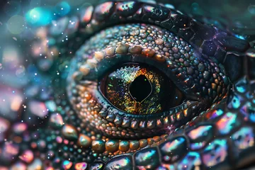 Gordijnen A colorful eye of a lizard with a hole in it © mila103