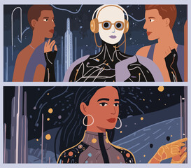 Exploring the Future. Flat Vector Illustration Design Depicting AI Robots and Advanced Technology.