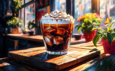 Glass of iced cafe latte on wooden countercoffee summer cafe drinks and refreshments concept