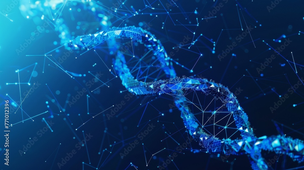 Poster 3d wireframe dna molecule spiral on blue background with abstract wireframe geometry. illustration o