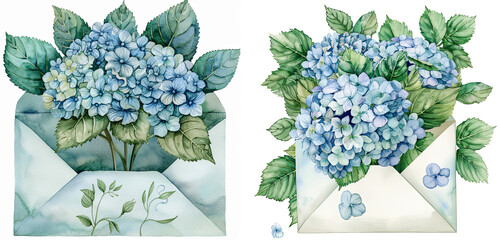 Watercolor clip art of an envelope adorned with a bouquet of hydrangeas and green leaves in pastel tones of light blue and deep green.