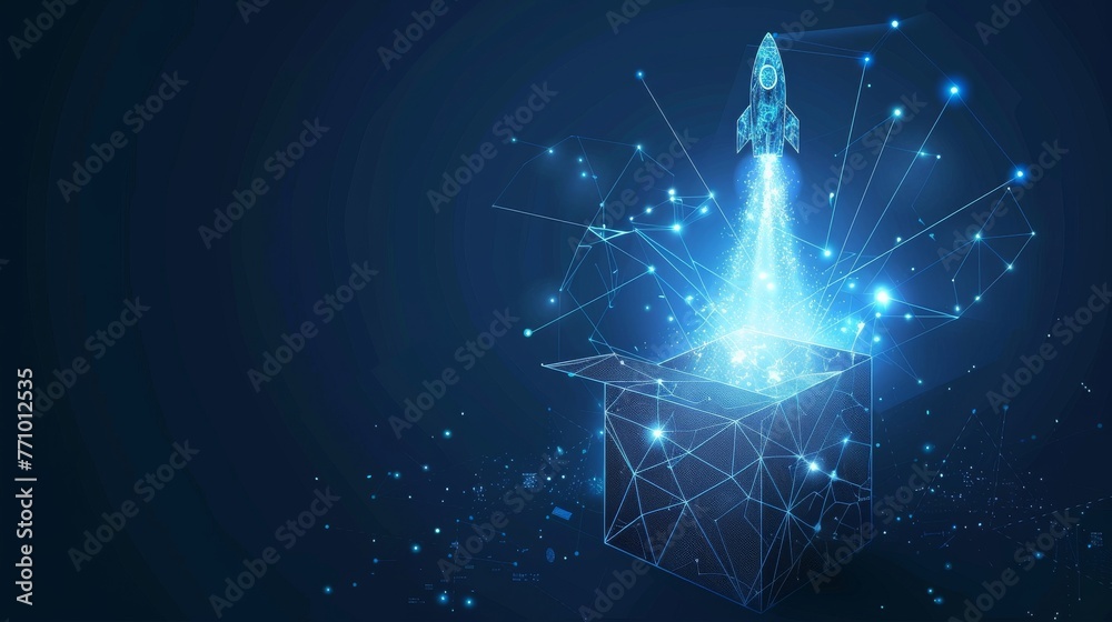 Poster An abstract image of an open box and rocket launch. Think outside the box. Low poly style design. Geometric background. Wireframe light connection structure. Modern 3D graphic concept. Isolated