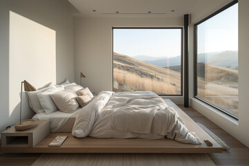 Serene minimalist bedroom with platform bed, large frameless window, neutral tones. Simple nightstands and modern lamp complement the minimalist aesthetic.