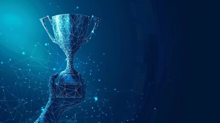 An abstract  3D trophy icon of a hand with a trophy cup isolated on a blue background. This concept represents competition success, first place, the best win, and celebration ceremony. - obrazy, fototapety, plakaty