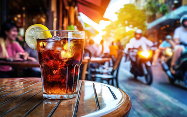 Glass of cola with ice and lemon on the table street cafe soft focus copy space