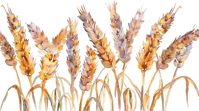 watercolor ears of wheat isolated on white baackground