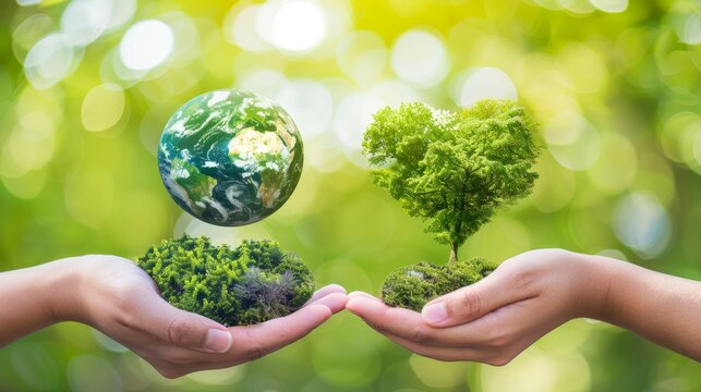 This image is a concept of World Environment Day. Two human hands hold an earth globe and a human heart against a blurred green background. NASA provided the elements for this image.