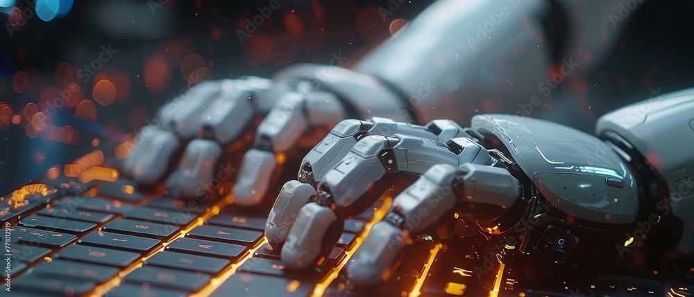Poster The businessman uses technology like artificial intelligence and smart robots to help create something and solve problems as part of his working tools. A chat bot chats with AI and helps solve work