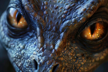 A close up of a blue and orange creature with large eyes