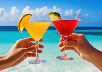 Couple is holding in hands colorful cocktails on sea background