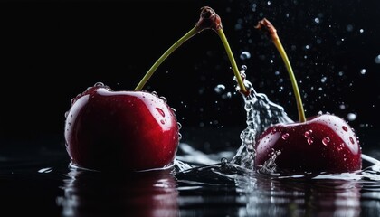 Ripe cherries submerged in water, causing a lively splash, captured against a striking black...