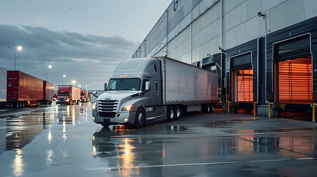 The truck is parked on the loading dock of an industrial warehouse, where many trucks with semi-trailers load goods