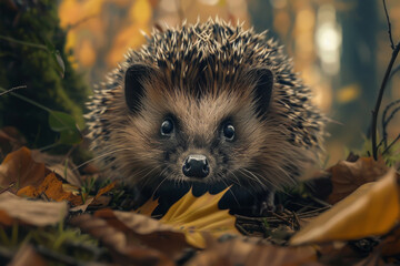 A hedgehog is standing on a pile of leaves - obrazy, fototapety, plakaty