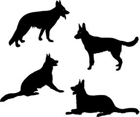 Black Silhouettes of German Shepherd Dogs Sitting, Lying Down and Standing Alert.