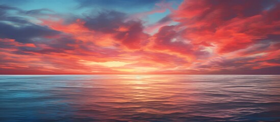 A stunning natural landscape painting depicting a sunset over the ocean with orange and red hues reflecting off the water, under a sky filled with clouds and an afterglow