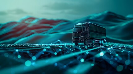 3D rendering of a truck driving on a road with a binary code. Generative AI