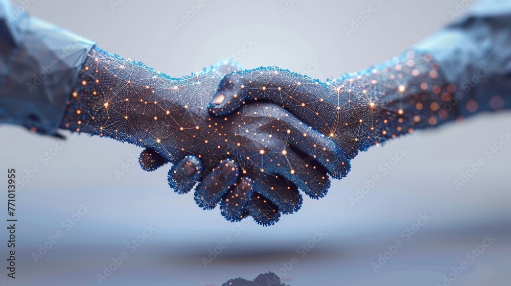 Poster a brotherly handshake illustration isolated on a blue background. a low poly wireframe. gesture hand