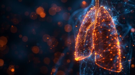 Lungs. Polygonal wireframe composition. Banner concept, treatment of lung diseases. Abstract illustration isolated on dark background. Particles are connected in geometric shapes.