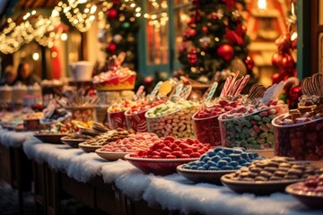 Vibrant Temptations: A Kaleidoscope of Colorful Candies Adorns a Charming Stall, Inviting Sweet...