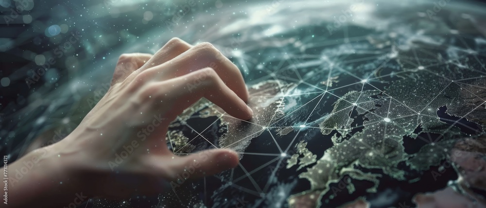 Poster 3D rendering of a businessman interacting with a global network and data exchanges over the globe