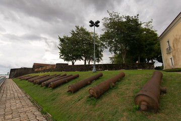 Old Rusty Cannons Laying on the Grass at the Historical Fort in Belem City in North of Brazil