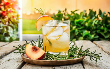 Iced peach and rosemary lemonade cocktail on a table background