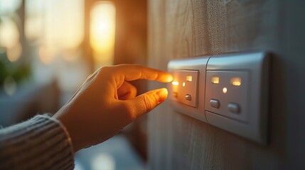 A close-up shot reveals a male finger turning on or off a light switch against a wooden wall at home, highlighting power, energy, and electrical saving, with copy space.