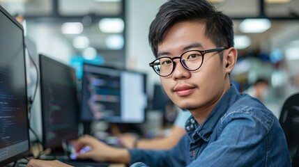 young asian computer programmer, people photography at work, 16:9