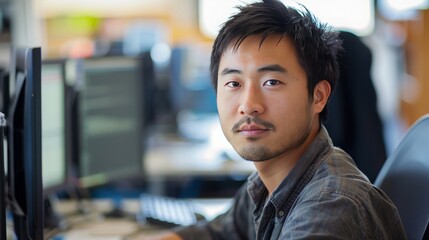 young asian computer programmer, people photography at work, 16:9