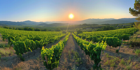Panoramic view of sunset over lush vineyard rows with mountains