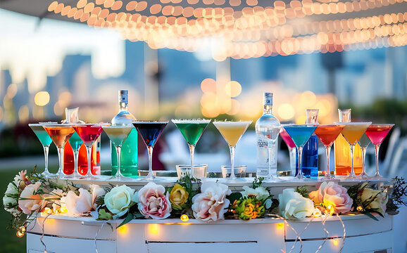 Beautiful row line of different colored alcohol cocktails on a party martini vodka and others on decorated catering bouquet table on open air event picture with beautiful bokeh