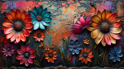 Decorative painting with abstract elements, metal elements, and textured backgrounds, with flowers and plants. - obrazy, fototapety, plakaty