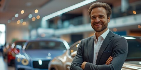 Confident Caucasian salesman in a suit smiling in a luxury car showroom