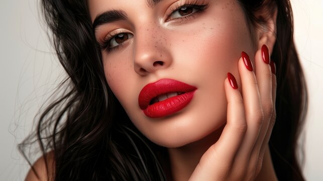Elegant Beauty: Woman with Red Nails And Red Lips