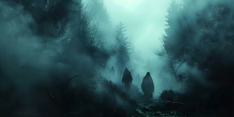 Spooky figures in foggy forest evoke eerie Halloween vibes with ghostly presence and mysterious atmosphere. Concept Halloween Photoshoot, Spooky Forest, Eerie Atmosphere, Ghostly Figures