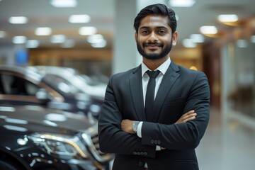 Confident Indian salesman in a suit smiling in a luxury car showroom - obrazy, fototapety, plakaty
