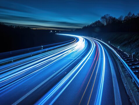 Long exposure of blue light trails symbolizing blockchain data moving at high speed