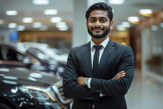 Confident Indian salesman in a suit smiling in a luxury car showroom