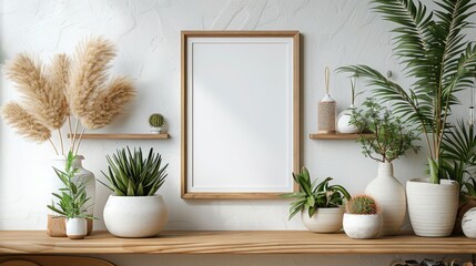 Modern Scandinavian Room Interior with Mockup Photo Frame, Plants in Hipster Pots and Floral Concept on White Walls and Bamboo Shelf