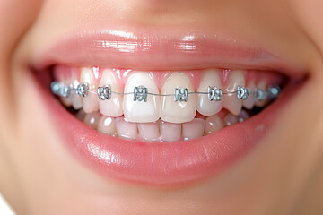 Orthodontic treatment. Metal braces on white teeth. Healthy smile of a beautiful woman close-up.