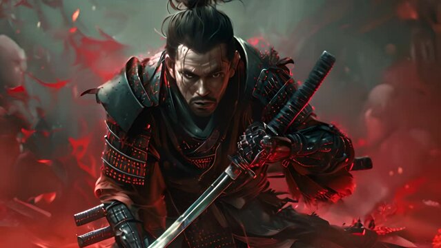Fearless samurai in dark armor wields katana.generative ai