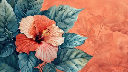 A watercolor painting of a delicate hibiscus flower nestled among tropical leaves on a solid coral background