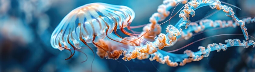 A whimsical jellyfish, its tentacles delicately painted in various shades of blue, drifting peacefully - obrazy, fototapety, plakaty