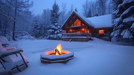 an image that captures the beauty of a snow-clad cabin, emphasizing the comforting glow of a stylized fire pit against the winter backdrop - obrazy, fototapety, plakaty