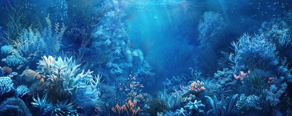 Fototapeta na wymiar An undersea garden of coral and seaweed, with every stroke of the brush bringing to life the textures in shades of blue