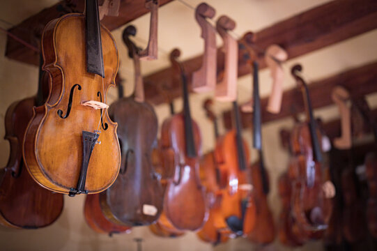 Close-up detail of one of the violins hanging in the master luthier's workshop. Artisan manufacturer of high-end violins