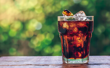 Cola with ice in the glass ready to drink for refresh on blur background