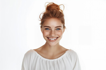 Fototapeta premium Portrait of a beautiful happy smiling woman with red hair and blue eyes on a white background. Copy space, place for signature.