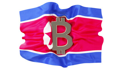 Bitcoin Symbol Superimposed on Wavy North Korean Flag Background