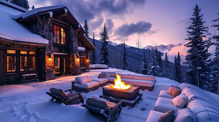 an image that captures the beauty of a snow-clad cabin, emphasizing the comforting glow of a stylized fire pit against the winter backdrop - Powered by Adobe